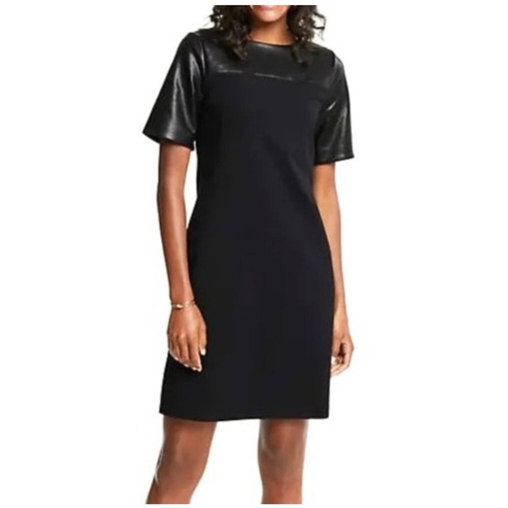 Ann Taylor Black Faux-Leather Mixed Media Shift Dress Size 8 Short Sleeve